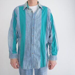 Vintage '90S Saratoga Blue And Teal Stripe Western Denim Button Down Shirt Large